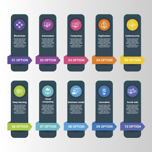 Vector infografías con iconos de temas de la industria pasos como