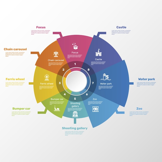 Infografías con iconos temáticos de parques de atracciones pasos como