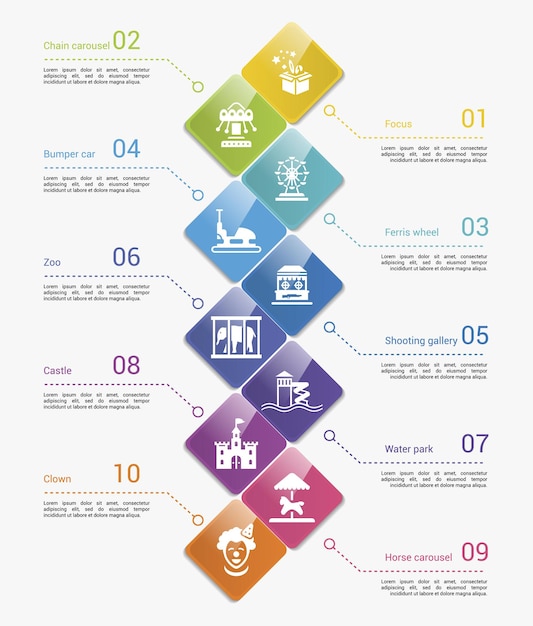 Infografías con iconos temáticos de parques de atracciones pasos como