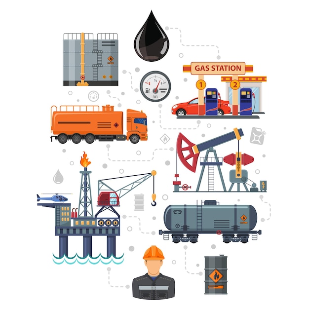 Infografías de la industria petrolera con iconos planos, producción y transporte de petróleo y gasolina con petroleros, plataformas y barriles. Ilustración de vector aislado.