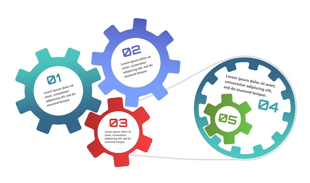 Infografías modernas con elementos en forma de engranajes que simbolizan el proceso de una idea o estrategia en los negocios Los elementos están interconectados creando una sensación de red y apoyo