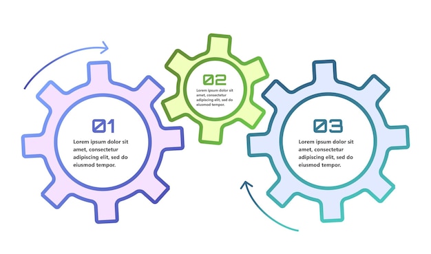 Infografías modernas con elementos en forma de engranajes que simbolizan el proceso de una idea o estrategia en los negocios Los elementos están interconectados creando una sensación de red y apoyo