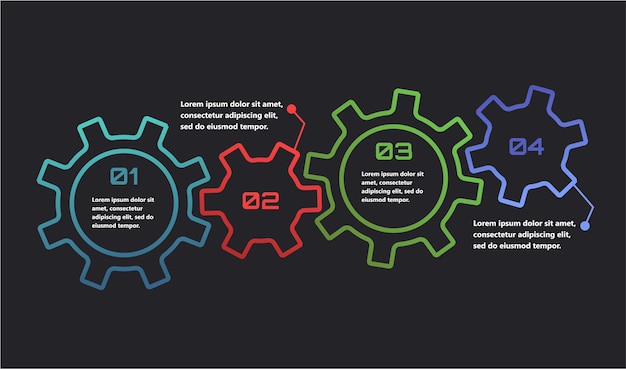 Infografías modernas con elementos en forma de engranajes que simbolizan el proceso de una idea o estrategia en los negocios Los elementos están interconectados creando una sensación de red y apoyo