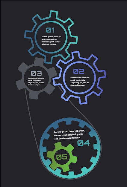 Infografías modernas con elementos en forma de engranajes que simbolizan el proceso de una idea o estrategia en los negocios Los elementos están interconectados creando una sensación de red y apoyo