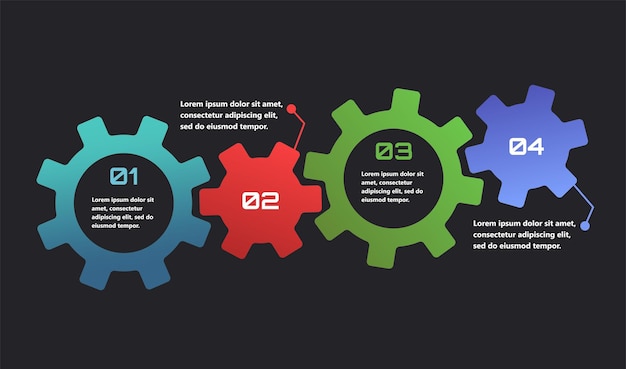 Infografías modernas con elementos en forma de engranajes que simbolizan el proceso de una idea o estrategia en los negocios Los elementos están interconectados creando una sensación de red y apoyo