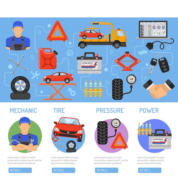 Infografías de servicio de camión con iconos planos para póster, sitio web, publicidad como portátil, remolque, batería, gato, mecánico.