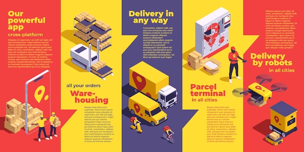 Infografías del servicio de entrega en estilo isométrico