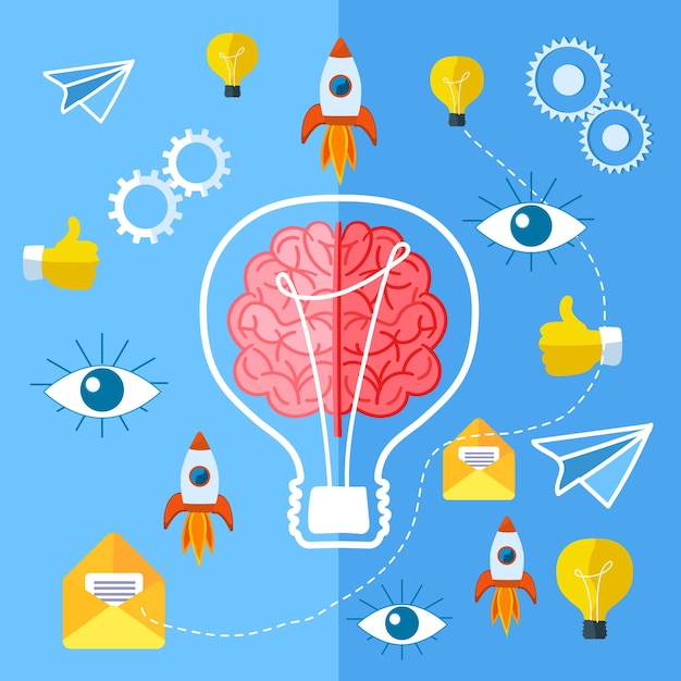 Infografías con símbolos de éxito e ideas. Bombillas con un cerebro dentro.