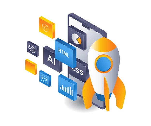 Infográfico de desarrollador de aplicaciones web de inicio Ilustración 3D isométrica plana