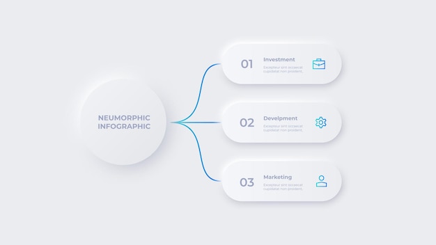 Infográfico de diagrama de flujo en estilo neumórfico Concepto de negocio con 3 opciones pasos o procesos