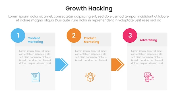 infográfico de hacking de crecimiento 3 puntos con información de la caja y dirección de la flecha para la presentación de diapositivas