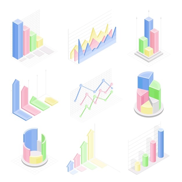 Infográfico isométrico como representación visual gráfica de la información o el conjunto vectorial de datos