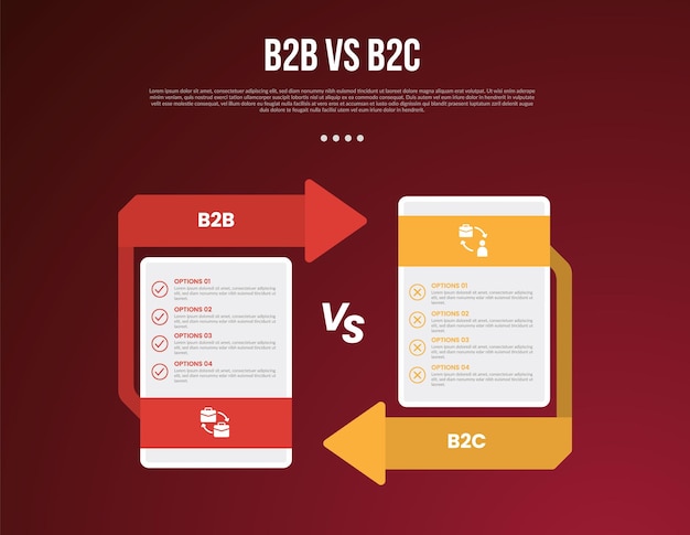 Infográfico de negocios B2B vs B2C para datos de comparación o versus con caja de tabla de precios con flecha en dirección opuesta con fondo de estilo de gradiente oscuro moderno para presentación de diapositivas