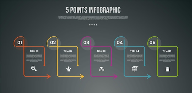 Infográfico de proceso de 5 puntos o pasos con línea de caja creativa con dirección horizontal de flecha con estilo oscuro moderno para la presentación de diapositivas