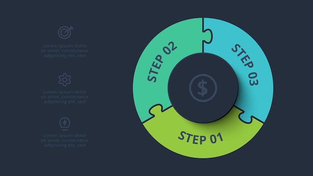 Infográfico de rompecabezas con 3 elementos presentaciones ilustración vectorial plantilla para web en un negro