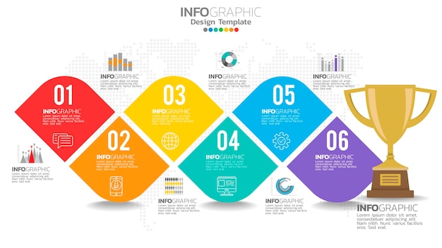 Infograph 6 pasos elemento de 6 colores con diagrama de número y gráfico, diseño de gráfico de negocio.