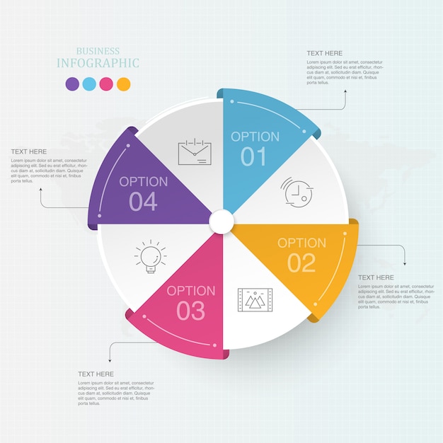 Infographics colorido del proceso del círculo 4 para el concepto del negocio.