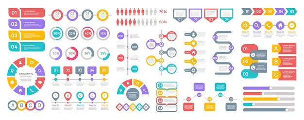 Infographics elements Chart graph and statistic diagram for data presentation business flowchart and timeline process workflow with steps marketing layout Vector template