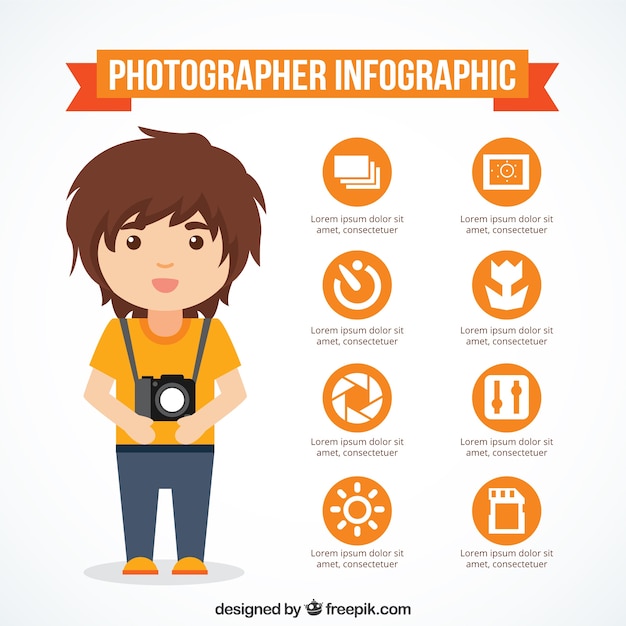 Infopgrafía naranja de simpático fotógrafo