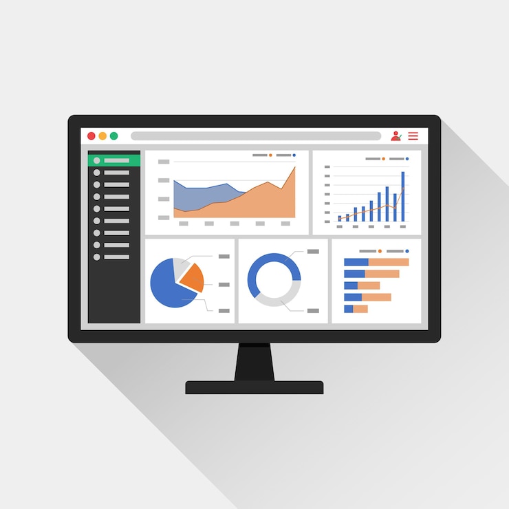 Vector información analítica web en el icono de la pantalla de la computadora. concepto de informe de gráficos de tendencia.