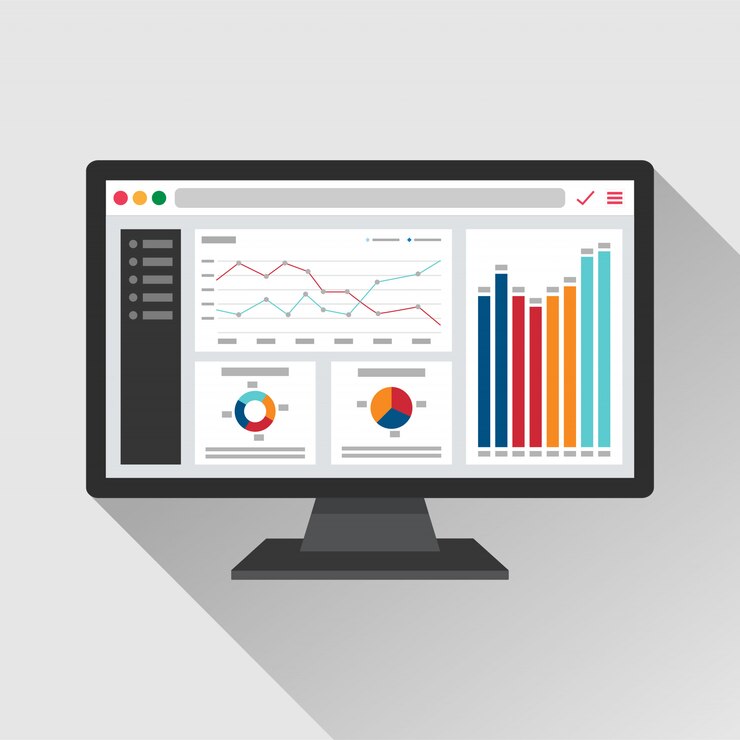 Vector información analítica web en el icono plano de la pantalla de la computadora. concepto de informe de gráficos de tendencia.