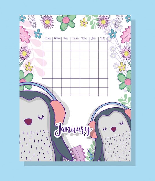 Vector información del calendario de enero con pingüinos y plantas.