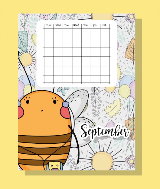 Información del calendario de septiembre con abejas y flores.