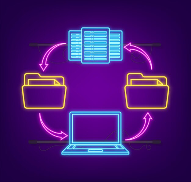 Información del centro de datos en estilo de dibujos animados vector isométrico sistema de base de datos icono de neón