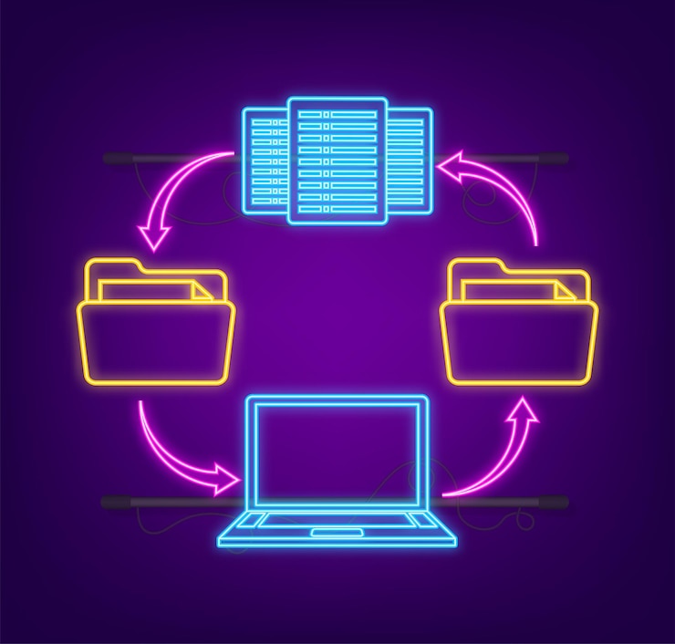 Vector información del centro de datos en estilo de dibujos animados vector isométrico sistema de base de datos icono de neón
