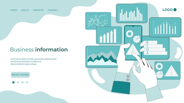 Información comercialun hombre de negocios usa su teléfono inteligente para estudiar infografías