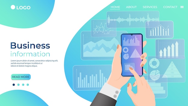 Información comercialUn hombre de negocios usa su teléfono inteligente para estudiar infografías