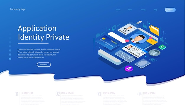 Información de datos personales isométricos Identidad de la aplicación Concepto privado Datos digitales Banner seguro Ilustración de vector de tecnología biométrica para reconocimiento de identidad personal y autenticación de acceso