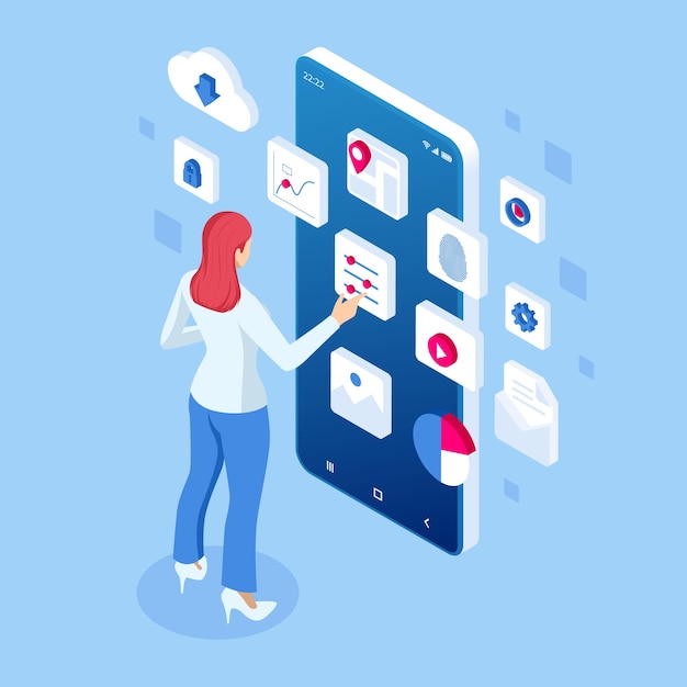 Información de datos personales isométricos Identidad de la aplicación Concepto privado Datos digitales Banner seguro Ilustración de vector de tecnología biométrica para reconocimiento de identidad personal y autenticación de acceso