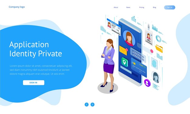Información de datos personales isométricos Identidad de la aplicación Concepto privado Datos digitales Banner seguro Ilustración de vector de tecnología biométrica para reconocimiento de identidad personal y autenticación de acceso
