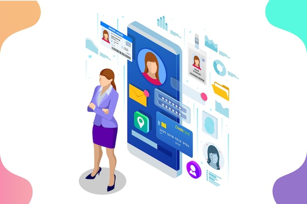 Información de datos personales isométricos Identidad de la aplicación Concepto privado Datos digitales Banner seguro Ilustración de vector de tecnología biométrica para reconocimiento de identidad personal y autenticación de acceso