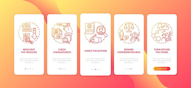 Información engañosa que comprueba la pantalla de la página de la aplicación móvil incorporada con conceptos. Verificación del autor y las fuentes, paso a paso, instrucciones gráficas de cinco pasos. Plantilla de interfaz de usuario con ilustraciones en color