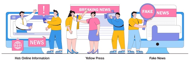 Información en línea caliente prensa amarilla concepto de noticias falsas con personajes de personas Paquete de ilustración de contenido de titulares Rompiendo paparazzi media revista en línea celebridad escándalo rumores metáfora