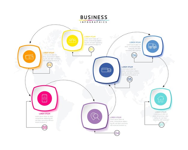 Información de marketing de plantilla de diseño de infografías de ilustración vectorial con 7 opciones o pasos