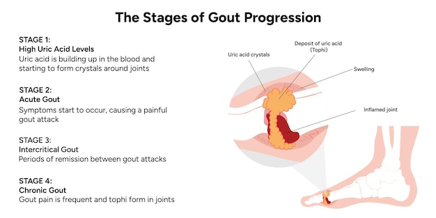 Información médica e infográfico sobre las etapas de progresión de la gota