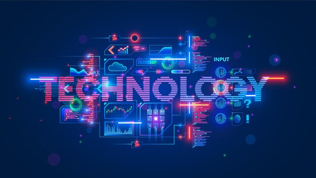 Information Technologies Concept Futuristic Digital word technology with computers tech icons graphs data code program Technology and Science background vector Illustration Retro futurism