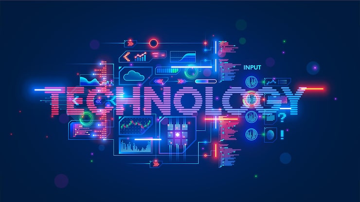 Vector information technologies concept futuristic digital word technology with computers tech icons graphs data code program technology and science background vector illustration retro futurism