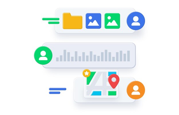 Informative UI elements illustrating data and user interactions with distinct visual styles