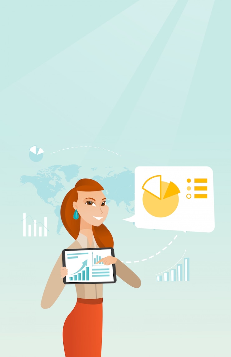 Vector informe actual de la empresaria en la tableta
