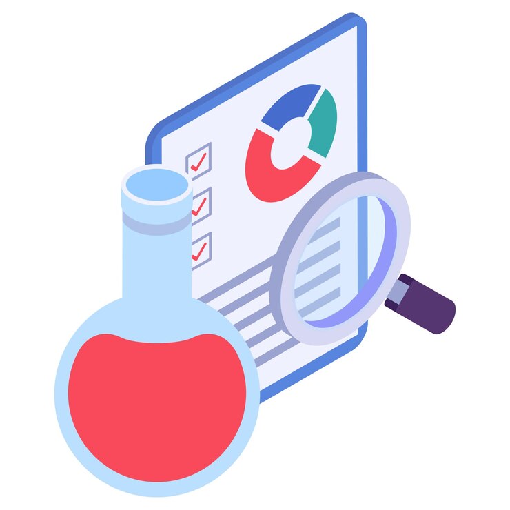 Vector informe de análisis de liquidez concepto isométrico lupa con matraz diseño de iconos de color vectorial