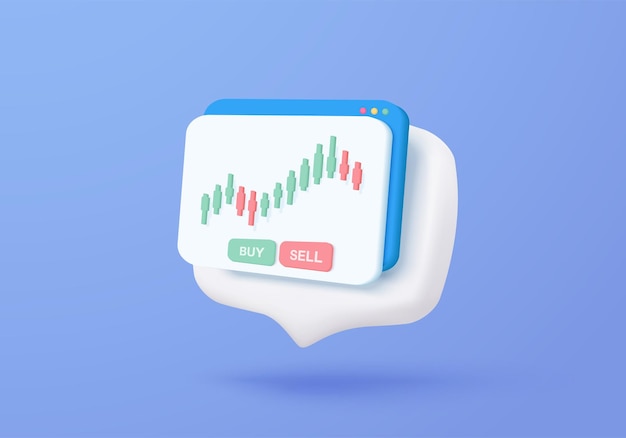 Informe gráfico de negociación de acciones en 3D para el mercado estadístico en el icono de burbuja Vender y comprar dinero en efectivo e intercambiar con negocios financieros analizando la inversión icono de negociación bancaria en 3D ilustración vectorial de renderización