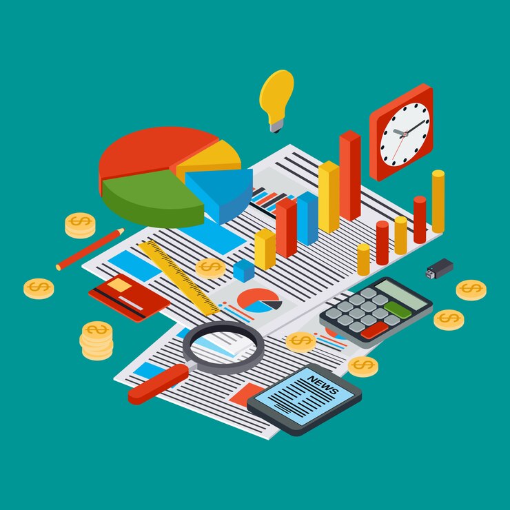 Vector informe de negocios, estadística financiera, gestión, analítica concepto 3d vector isométrica plana. ilustración infografía web moderna