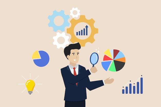 Informes de análisis de datos hombre de negocios inteligente analizando datos con lupa