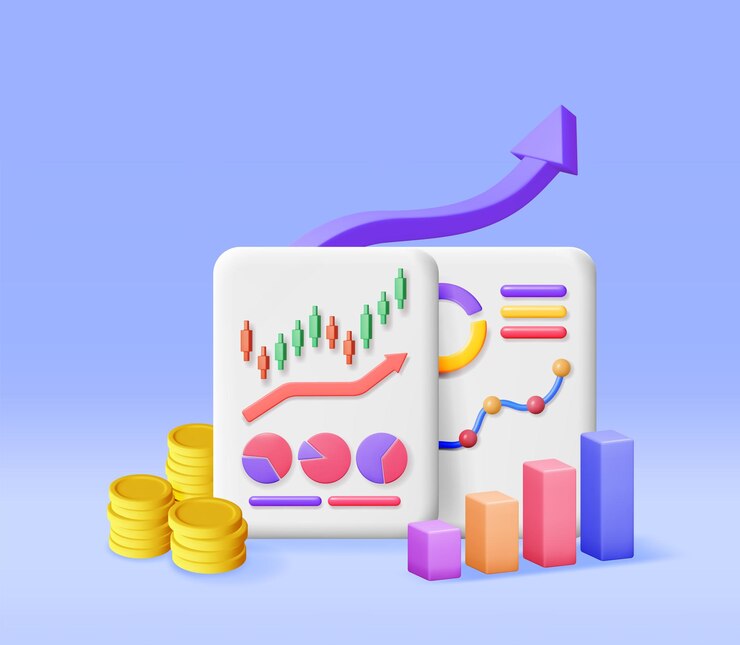 Vector informes financieros 3d con dinero en efectivo y gráfico