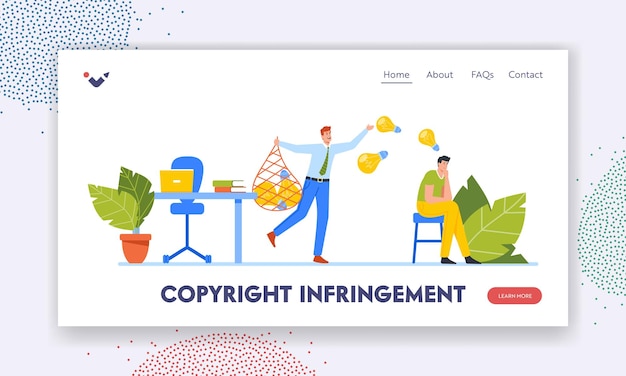 Infracción de derechos de autor Plagio Plantilla de página de aterrizaje Creador Carácter Pensamiento Ideas creativas y plagiador o pirata Robo de contenido y resultados de trabajo Personas de dibujos animados Vector Ilustración