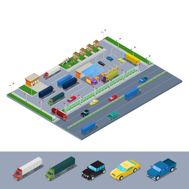 Infraestructura de carretera isométrica con estacionamiento de camiones en la estación de combustible y área de descanso.